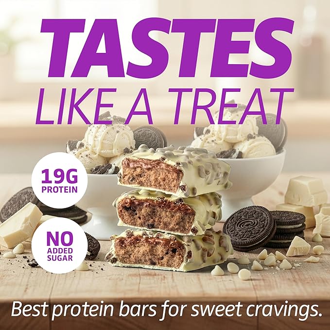 Satisfy Your Crave Protein Bars– High Protein Delicious Snacks– 19g of Protein No Added Sugar– White Chocolate Cookies &amp Cream– Perfect Breakfast On-the-Go Snack Pantry Staple &amp Office Trea