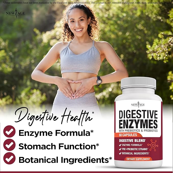 NEW AGE Digestive Enzymes for Gut Health - Probiotic Multi Enzymes with Prebiotics and Probiotics with Lipase for Women and Men for Digestive Health Daily Enzymes for Digestion - 120 Count
