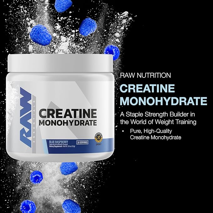 RAW Nutrition Creatine Monohydrate Powder Blue Raspberry (30 Servings) - Micronized Creatine Monohydrate Supplement for Workout Performance Build Muscle &amp Strength - Creatine Powder for Men &amp