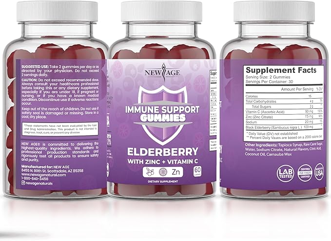 NEW AGE Immune System Support Gummies - Sambucus Black Elderberry Gummies with Vitamin C and Zinc (120 Count (Pack of 2))