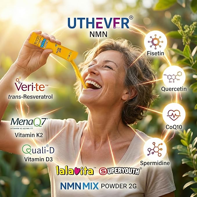 SuperYouth NMN Mix Powder Supplement 8-in-1 60 Stick Packs 2g per Pack Longevity Formula with Resveratrol Fisetin CoQ10 Quercetin Spermidine Natural Lemon Flavor 4.23 oz Total