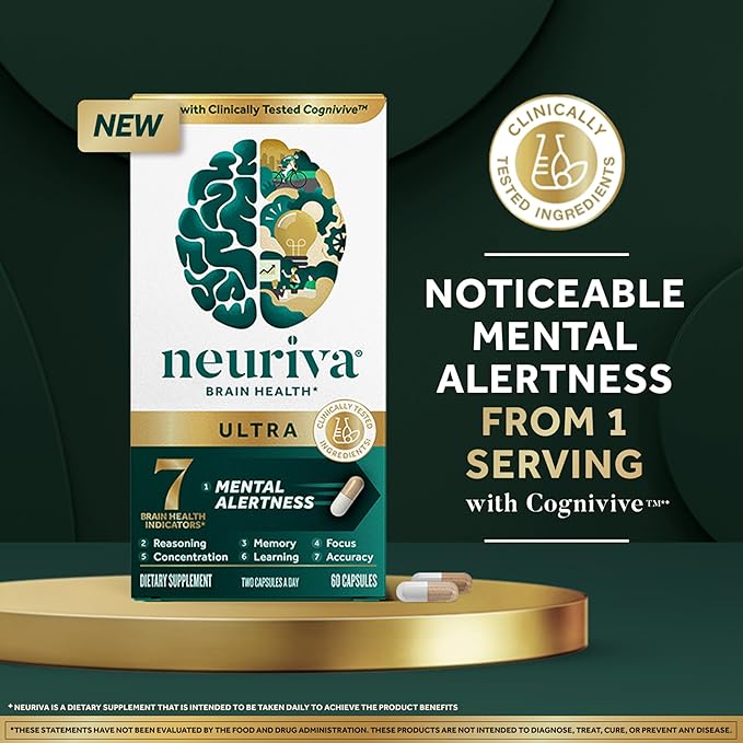 NEURIVA Ultra Decaffeinated Clinically Tested Nootropic Brain Supplement for Mental Alertness Memory Focus &amp Concentration Cognivive Neurofactor Phosphatidylserine Vitamins B6 B12 60 Capsul