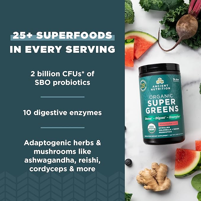 Ancient Nutrition SuperGreens Powder with Probiotics Organic Watermelon Flavor Greens Made from Real Fruits Vegetables and Herbs for Digestive and Energy Support 25 Servings 8.82oz