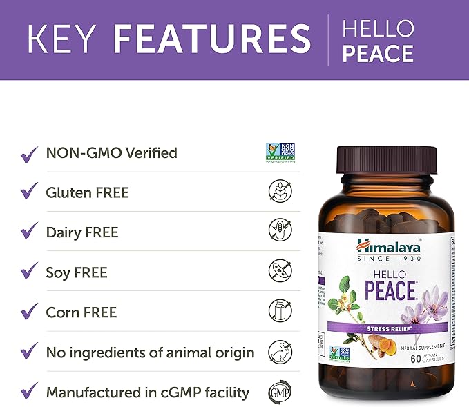 Himalaya Hello Peace - Herbal Stress Relief Supplement with Ashwagandha and Turmeric for Normal Cortisol and Adrenal Support - Vegan Non-GMO Gluten Free 60 Capsules