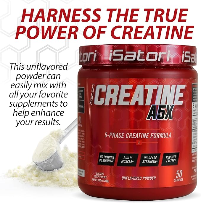iSatori Creatine A5X with Creatine Monohydrate &amp Betaine Anhydrous for Muscle Growth Strength Building &amp Recovery - Dietary Supplement for Training &amp Weight Lifting - Unflavored (50 Serv