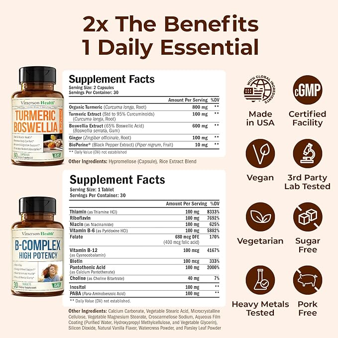 Boswellia Turmeric Curcumin Supplement + Vitamin B Complex with Vitamin B12 Niacin Vitamin B2 Vitamin B6 Bundle – Supports Joint Health &amp Aids Mood Energy – with Ginger Root Organic Turmeric