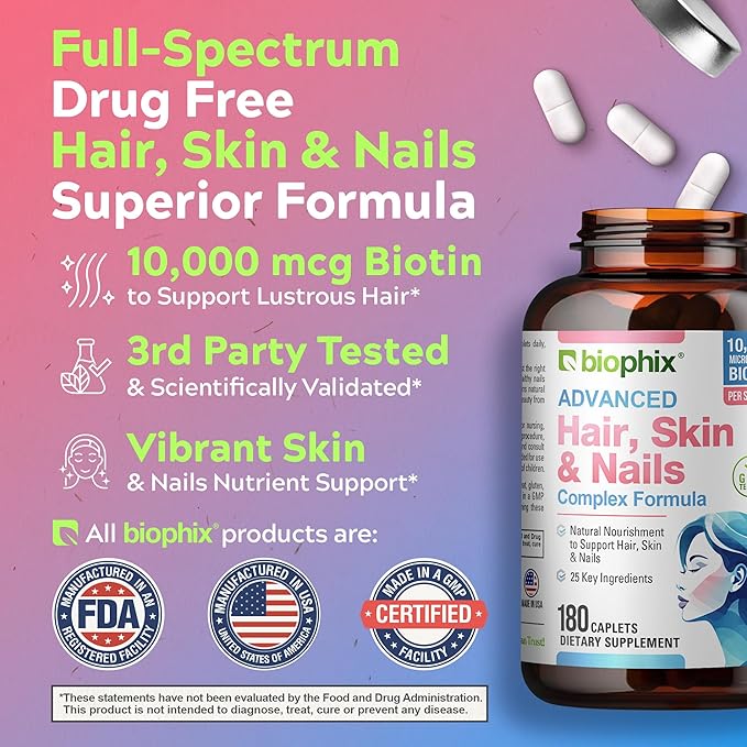 biophix Hair Skin and Nails Complex 180 Caplets with 10000 mcg Biotin - Multivitamin Supports Strong Nails Beautiful Hair Healthy Aging