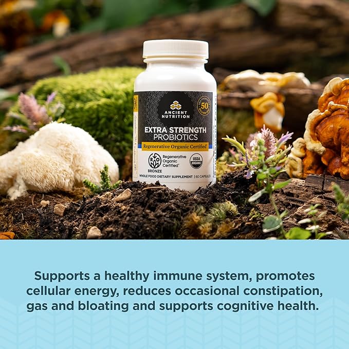 Ancient Nutrition Regenerative Organic Certified Extra Strength Probiotics Capsules 60 Count + Bone Broth Protein Powder Vanilla 20 Servings