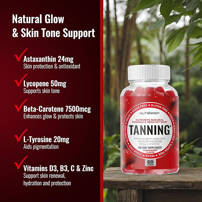 Tanning Gummies for Women - Self Tan Bronzing Supplement that Work Without Sun - No Sugar Vegan with Astaxanthin Lycopene Beta Carotene Vitamins - Glow Up Skin Health Daily Oral Tanning Chews