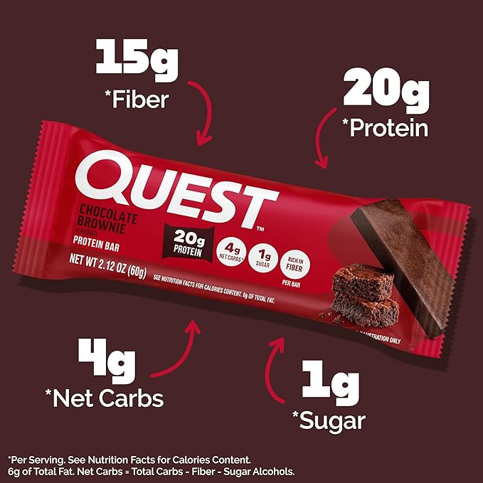 Quest Nutrition Chocolate Brownie Protein Bar 20g Protein 1g Sugar 4g Net Carb High Fiber Gluten Free Gluten Free 12 Count
