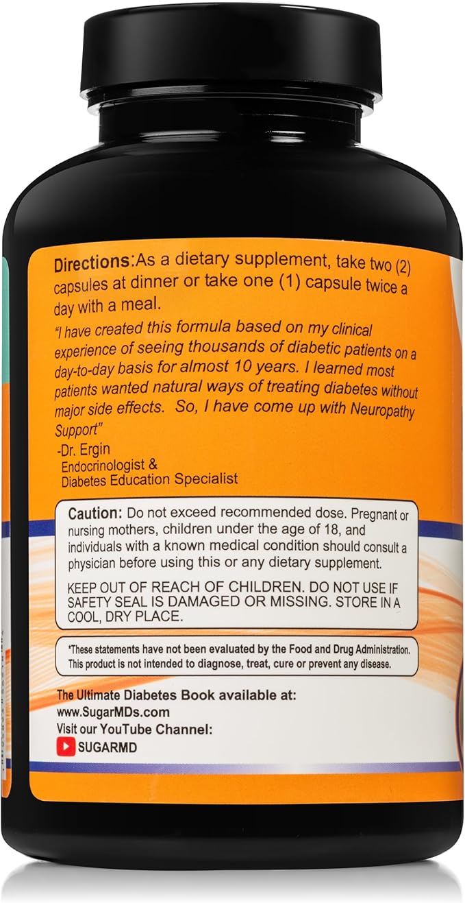 SugarMD Neuropathy Support Supplement – 180 Nerve Supplement Capsules with Alpha Lipoic Acid Benfotiamine &amp Vitamin D3 B6 B12 - Nerve Support for Feet Hands Fingers &amp Legs - 90 Day Supply