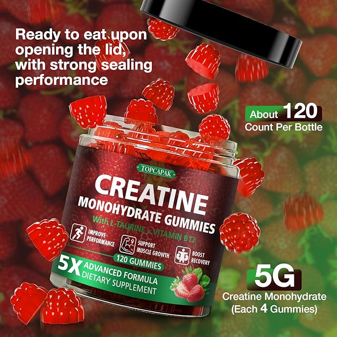 Creatine Gummies for Men &amp Women - Chewable Creatine Monohydrate Gummies with Taurine &amp Vitamin B12 5g Creatine per Serving Vegan Strawberry Flavor 120 Count
