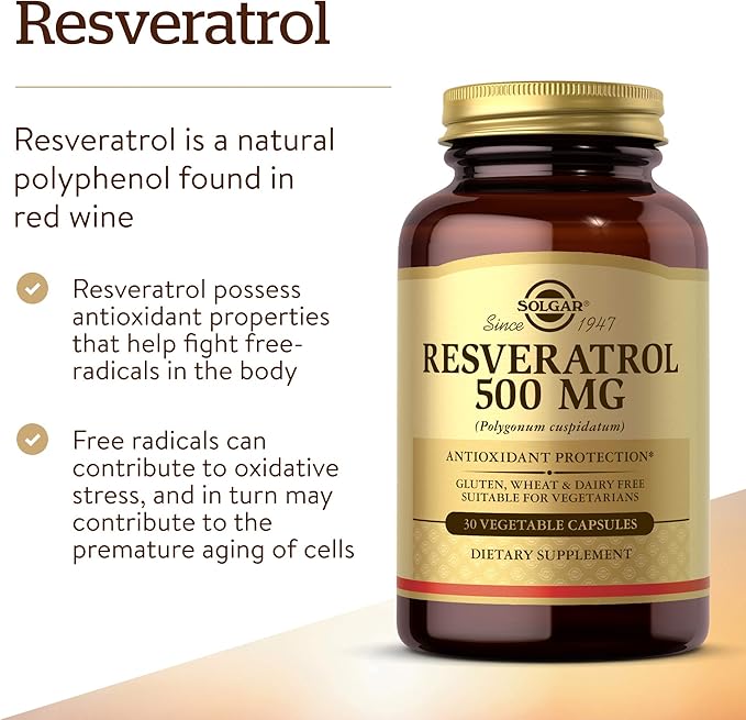 Solgar Resveratrol 500 mg 30 Vegetable Capsules - Antioxidant Protection - Gluten Free Dairy Free - 30 Servings