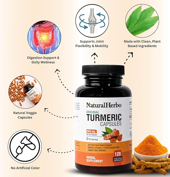Turmeric Capsules - High Potency Turmeric Root Capsules for Joint Support Mobility and Wellness – Non-GMO Gluten-Free Vegan Turmeric Supplement120 Capsules - 800mg