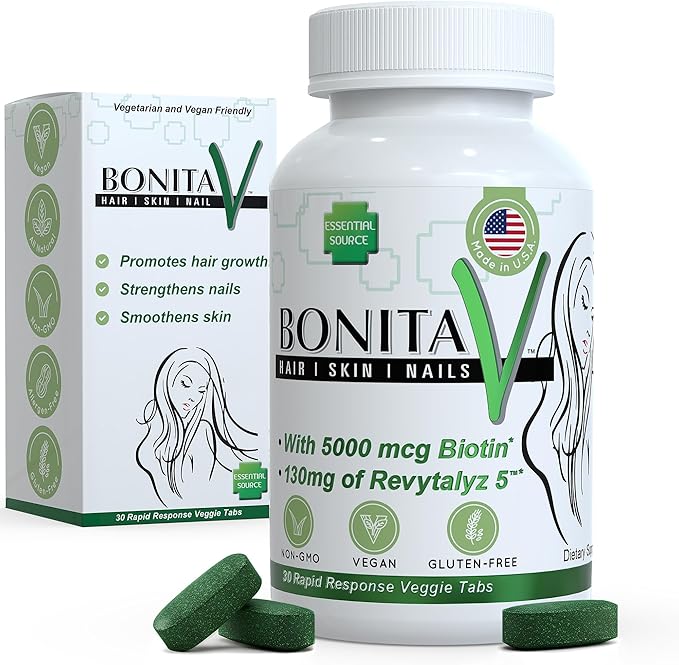 Essential Source Biotin (Biotina Vitaminas) - Hair Skin Nails Vitamins for Women &amp Men - 5000 mcg - Hair Growth Support Supplements - 30 Tablets - with Revytalyz 5 Vitamin A C B12 - Made in USA