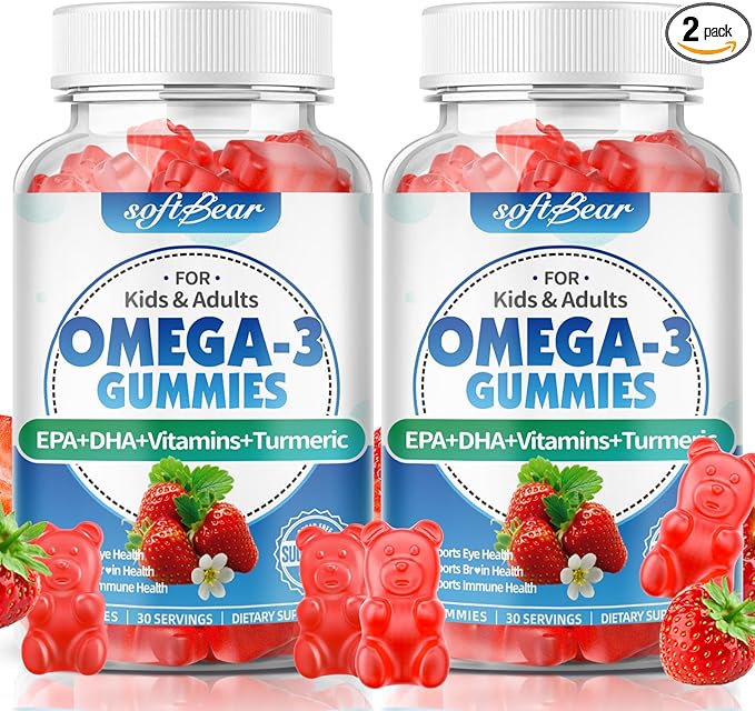softbear Omega 3 Gummies for Women &amp Men &amp Kids Omega 3 Supplements 1200mg Vegan Omega 3 Fatty Acids DHA EPA with Vitamins Support Eye &amp Brain Health Sugar Free Strawberry Flavor 120 Cou