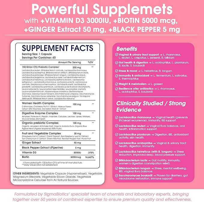 Women's Probiotics 150 Billion CFU – 34 Strains with Organic Prebiotics &amp Digestive Enzymes – Urinary Tract &amp Digestive Health – 60 Vegan Capsules with D3 and Biotin – Gluten-Free Non-GMO Da