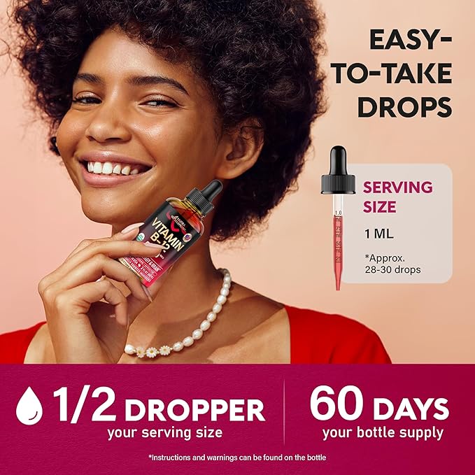 USDA Organic Vitamin B12 Sublingual Drops - 5000 mcg Liquid Vegan Methylcobalamin for Women &amp Men - Energy Boost Focus &amp Mood Brain Health Support - Maximize Absorption - 2 Month Supply 2 f