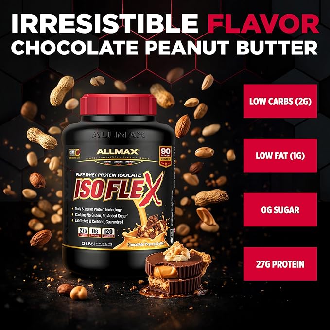 ALLMAX ISOFLEX Pure Whey Isolate Protein Powder - Gluten Free Low Lactose Sugar-Free - High-Protein Clean Keto-Friendly Pre Post Workout Supplement Women and Men | Chocolate Peanut Butter 5lb