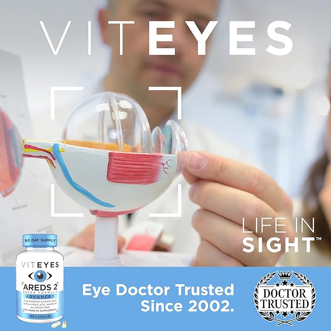 Viteyes AREDS 2 Advanced Eye Vitamins Macular Support with Bilberry grapeseed FLORAGLO Lutein Selenium Natural Vitamin E Allergen Free Vision Protection Eye Doctor Trusted 180 Count