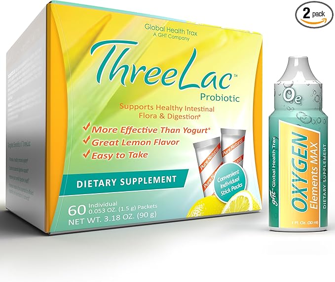Global Health Trax Ultimate Gut &amp Oxygen Duo: ThreeLac Lemon Probiotic Powder (60 Packets) &amp Oxygen Elements Max Drops (1oz) - Digestive Support &amp Cellular Vitality