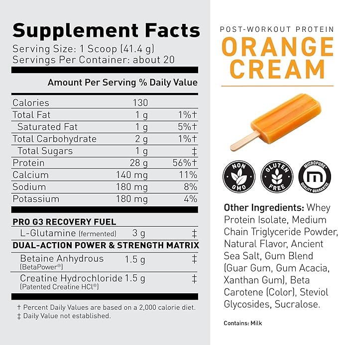 Kaged Post Workout Protein Powder | Re-Kaged | 28g Whey Protein with Creatine Glutamine &amp Betaine for Muscle Growth &amp Recovery | Low Sugar | 20 Servings | Orange Cream