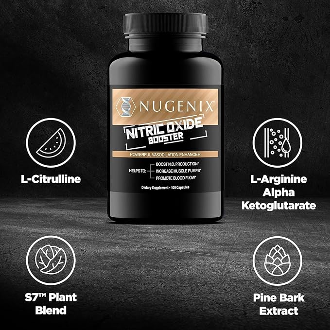Nugenix Nitric Oxide Booster Supplement - Nitric Oxide Flow L-Arginine L-Citrulline Pine Bark Extract - Vasodilator - 100 Capsules