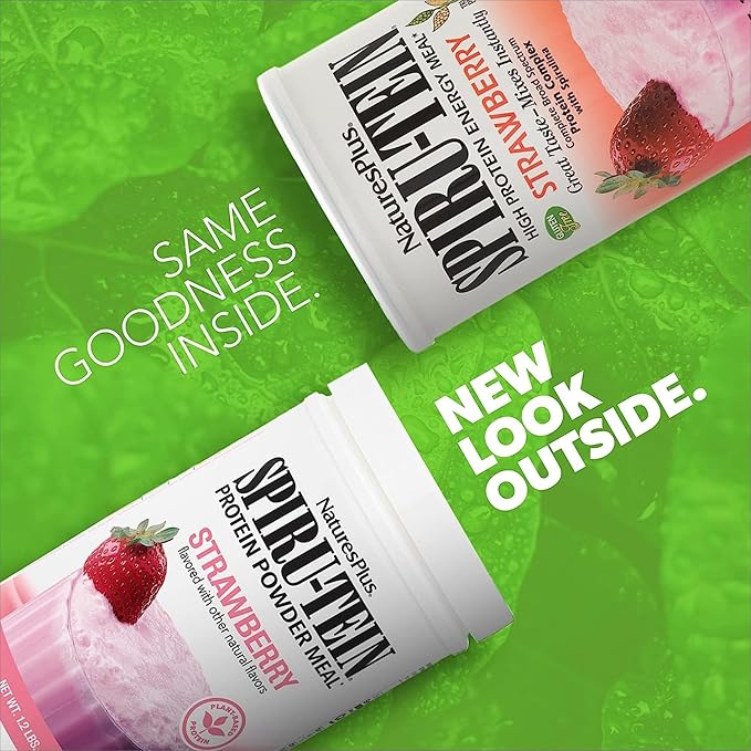 NaturesPlus SPIRU-TEIN Strawberry - 1.2 lbs Pack of 2 - Plant-Based Protein Shake - Non-GMO Vegetarian Gluten Free - 32 Total Servings