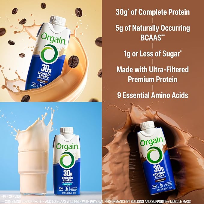Orgain 30g High Protein Shake Variety Pack Dairy Isolate Milk Protein 5g BCAAs 1g Sugar Per Serving Caffeine Meal Replacement Ready to Drink Chocolate Vanilla Café Latte 11 Fl Oz (12 Pack)