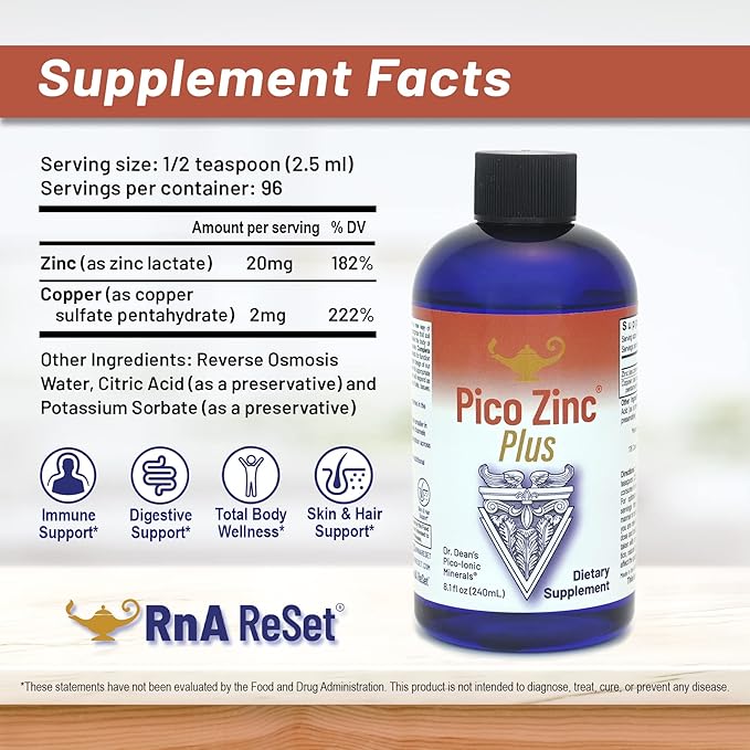 RnA ReSet Pico Zinc Plus – Liquid Zinc &amp Copper Supplement Pico-Ionic Mineral Solution 8.1 Fl Oz (1-Pack) NSF Contents Certified Immune Support Skin Health Cellular Health Vegan