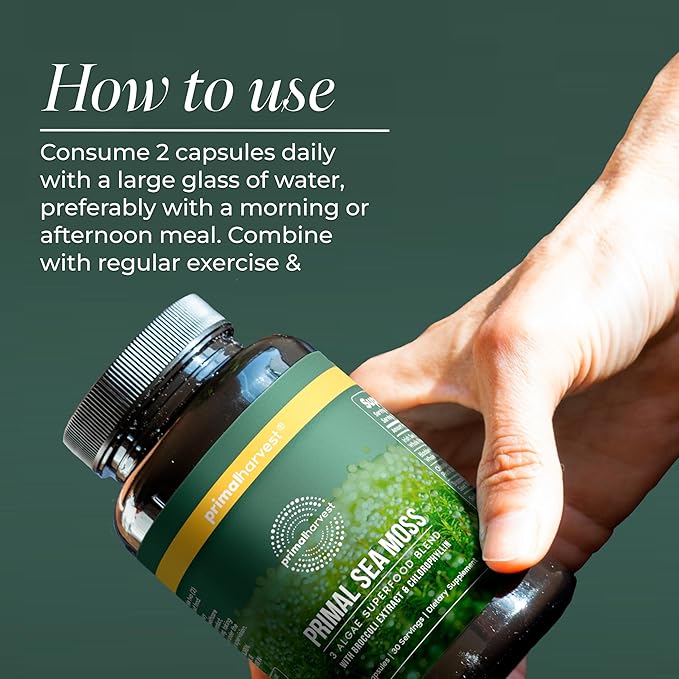 Primal Harvest Sea Moss Capsules with Bladderwack and Irish Sea Moss Chlorella Broccoli Seed Extract Plant-Based Supplements for Adults