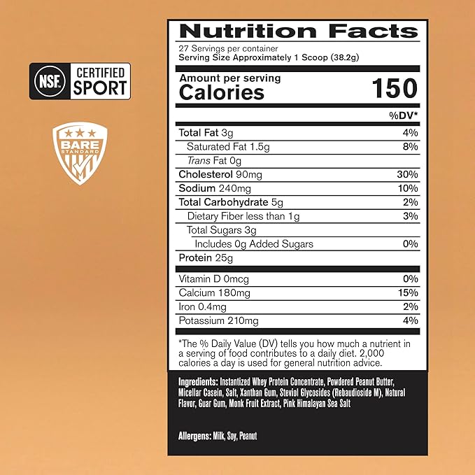 BARE PERFORMANCE NUTRITION BPN Whey Protein + Casein Protein Powder Blend Peanut Butter 25g Protein per Serving Supports Lean Muscle Recovery 27 Servings Third Party Tested