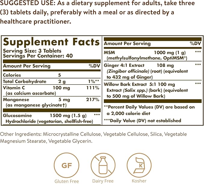 Solgar Glucosamine MSM Complex 120 Tablets - Promotes Healthy Joints - Supports Range of Motion &amp Flexibility - Supports Collagen - Shellfish-Free - Gluten Free Dairy Free Kosher - 40 Servings