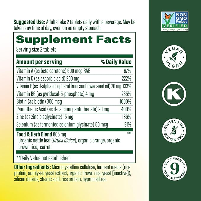 MegaFood Skin Nails &amp Hair 2 - Vitamins for Women &amp Men - Biotin Vitamin A C Zinc B6 E Pantothenic Acid - Vegan - Made Without 9 Food Allergens - 60 Tabs (30 Servings)
