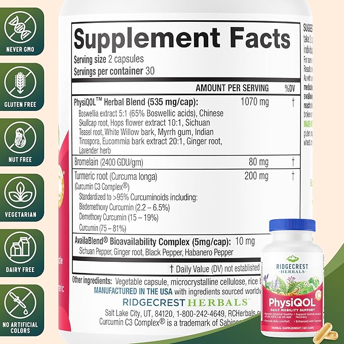 Ridgecrest Herbals PhysiQOL Herbal Supplement with Boswelia and Tumeric (60 Vegan Caps 30 Serv)