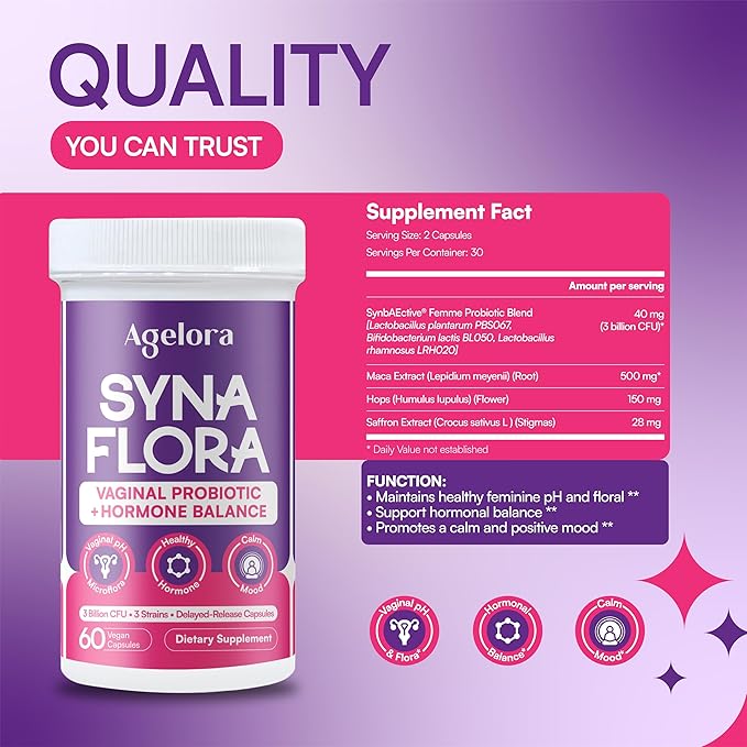 SynaFlora Vaginal Probiotics for Women - Supports Hormone Harmony &amp Vaginal Flora - Probiotic Supplement with Maca Root &amp Saffron Extract - 60 Vegan Capsules
