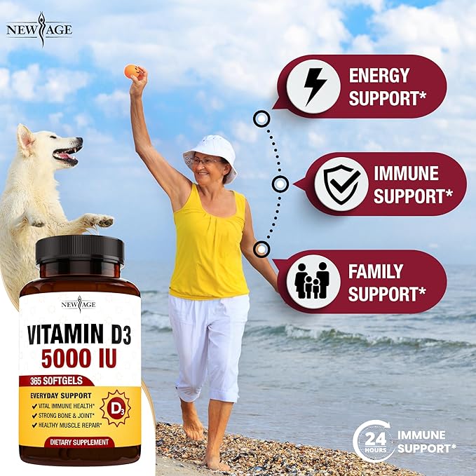 NEW AGE Vitamin D3 5000 IU 125mcg Softgels - Support Immune Support Strong Bone Health - Non-GMO Gluten-Free Dairy-Free1 Year Supply (360 Softgels (Pack of 1))