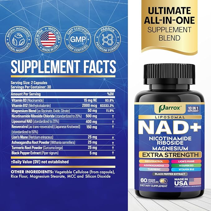 NAD+ Supplement with Liposomal NAD+ Nicotinamide Riboside Magnesium Vitamin B3 &amp B12 Resveratrol Turmeric Ashwagandha Lion’s Mane10-in-1 Extra Strength