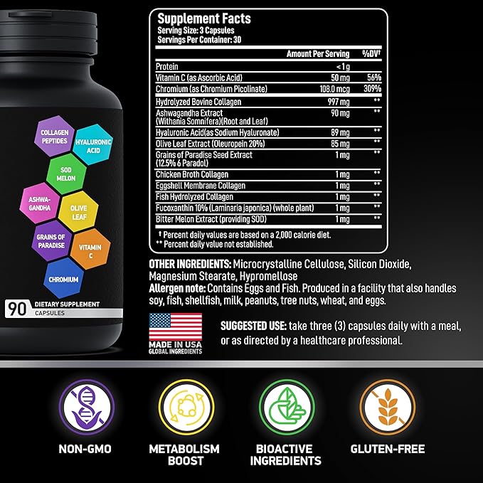 Thermogenic Multi Collagen Burn Capsules - Hydrolyzed Collagen Peptides Plus Hyaluronic Acid - Advanced Type I II III V X - 2-Pack 180 Collagenic Burn Caps