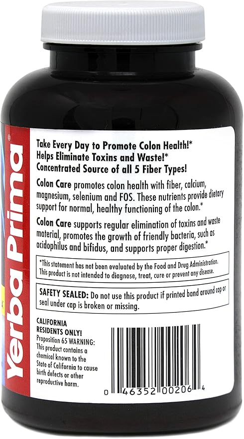 Yerba Prima Prebiotic Colon Care Capsules - 180 Count (Pack of 2) Gluten Free Proudly Made in The USA Non-GMO Soluble &amp Insoluble Fiber Supports A Healthy Functioning Colon