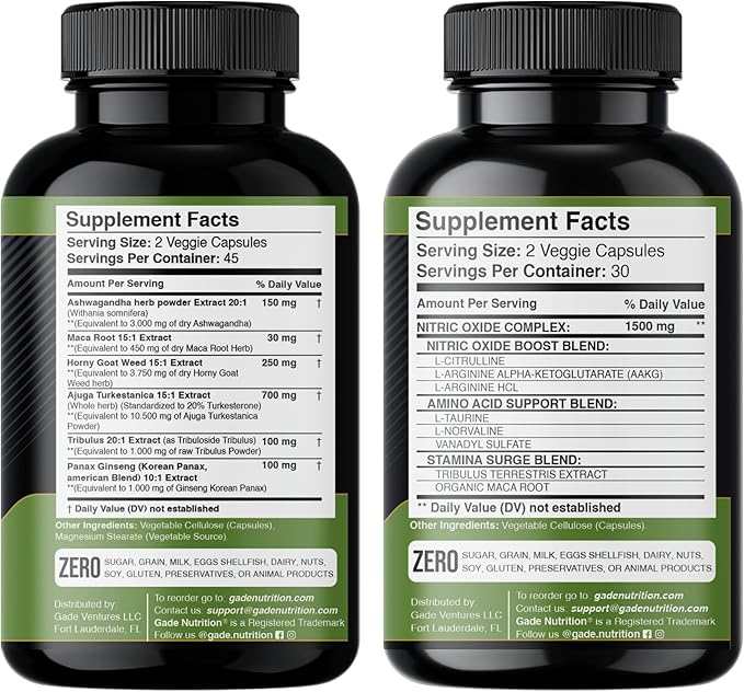 Gade Nutrition Ashwagandha with Maca Root Horny Goat Weed Turkesterone Tribulus Terrestris Panax Ginseng + Nitric Oxide Booster - Bundle for Energy Vitality Performance Pump