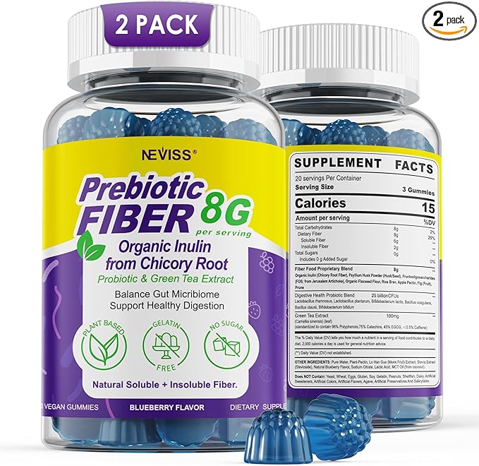 8G Fiber Gummies with Probiotics Fiber Supplement with 25 Billion CFU Probiotics Blend Inulin Green Tea Extract Support Digestive Health Regularity No Sugar Added Daily Gummy for Adults 120Cts