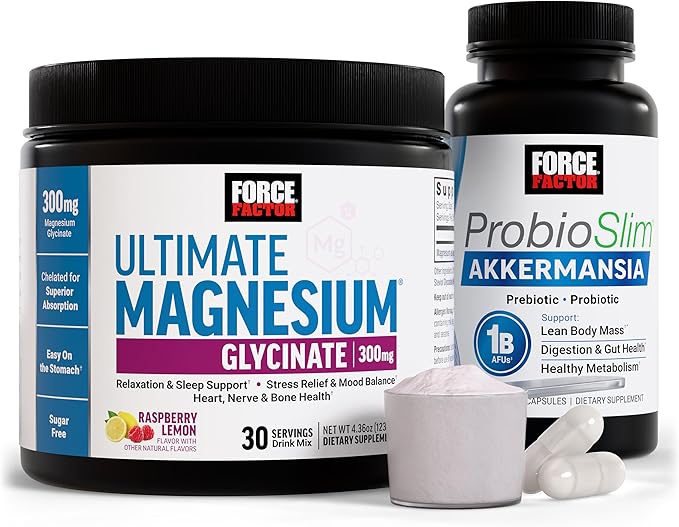 Force Factor ProbioSlim Akkermansia Probiotics &amp Postbiotics 60 Capsules Ultimate Magnesium Glycinate Powder 300mg Chelated Magnesium Bisglycinate High Absorption Raspberry Lemon 30 Servings