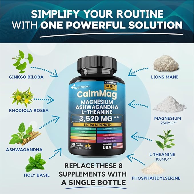 Best Magnesium Glycinate with Ashwagandha and L-Theanine 14 in 1 Supplement 60 Capsules 3 Bottle