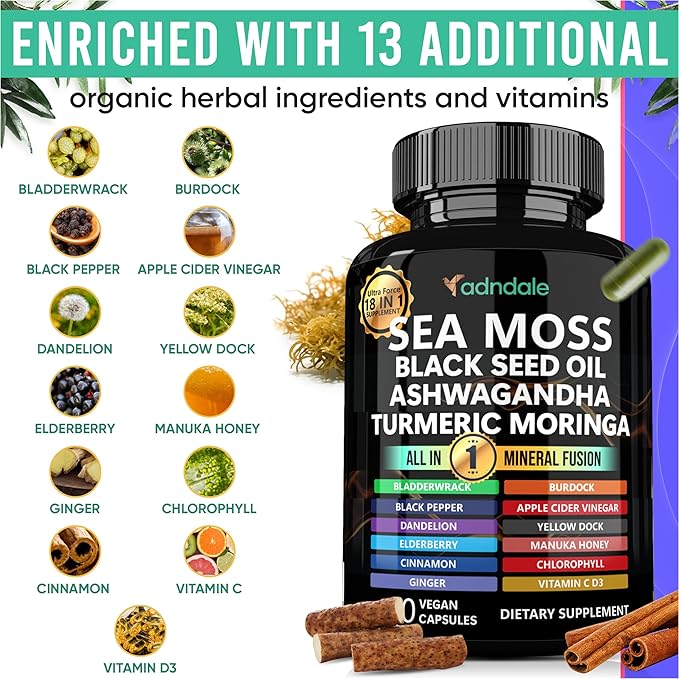 Adndale Sea Moss Capsules - Sea Moss Blend with Ashwagandha Turmeric &amp Black Seed Oil - 90 Count