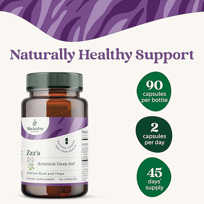 BIOACTIVE NUTRIENTS Zzz's Botanical Sleep Aid - with GABA L-Theanine Lemon Balm Valerian Root and Ashwagandha Root - Super Greens Ashwagandha Capsules Mens and Womens Vitamins (90 Capsules)*