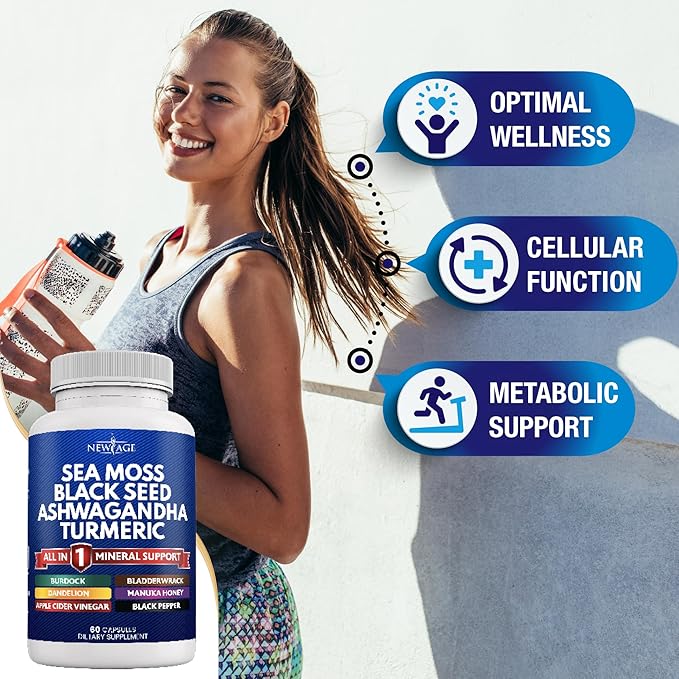 NEW AGE Sea Moss Black Seed Oil Ashwagandha Turmeric Bladderwrack Burdock - with Manuka Honey Dandelion ACV Black Pepper Gluten Free