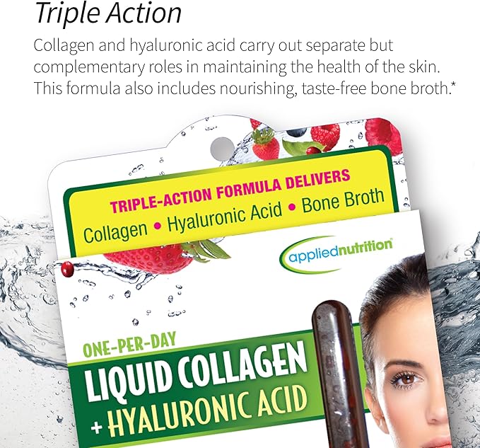 Applied Nutrition Liquid Collagen + Hyaluronic Acid - 10 Liquid Tubes Pack of 2 - Skin &amp Nail Restoration - Mixed Berry Flavor - 20 Servings