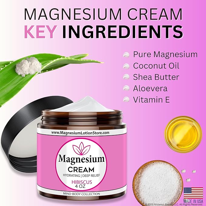 Magnesium Cream with Hibiscus Scent – Topical Magnesium Cream for Sleep Leg Cramps &amp Pain Muscle Relaxation Calm Moisturizing Supplement with Coconut Oil Shea Butter 4 oz USA Made