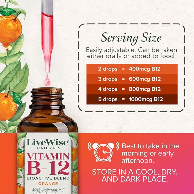 Organic Vitamin B12 1000 mcg Sublingual Liquid Drops For Adults 6 Months Supply 1 oz Methylcobalamin &amp Adenosylcobalamin - Bioactive Blend for Energy Clarity &amp Focus - Vegan Non-GMO Orang